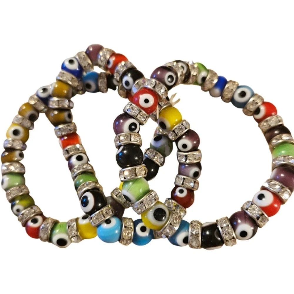 🩵Lot 3 Piece Art Glass Evil Eye Beaded Stretch Bracelets